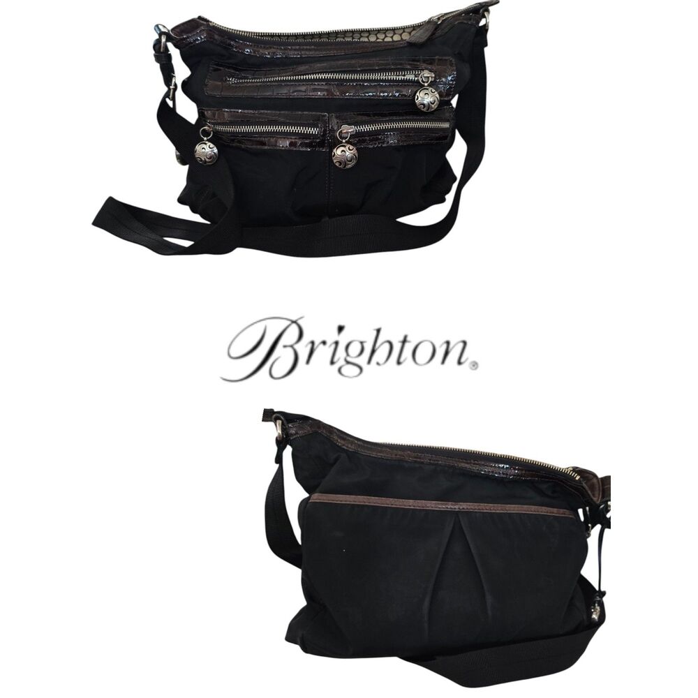Brighton Go Go Messenger Crossbody Bag Black Nylon Brown Croc Multi Zip Boho Y2K